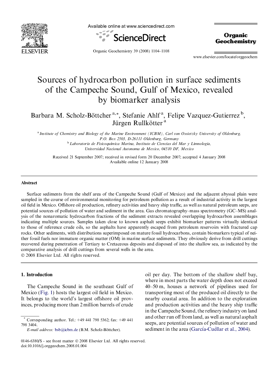 Sources of hydrocarbon pollution in surface sediments of the Campeche Sound, Gulf of Mexico, revealed by biomarker analysis