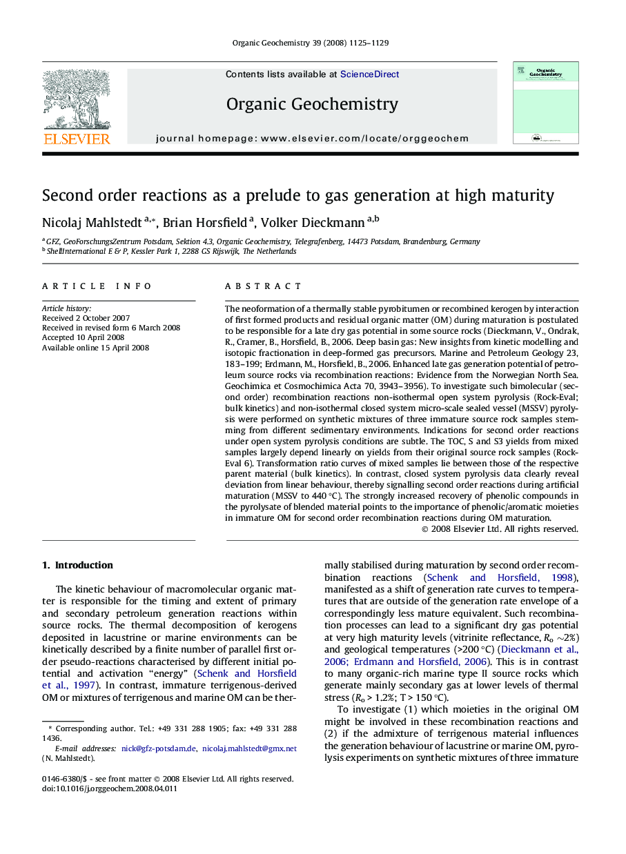 Second order reactions as a prelude to gas generation at high maturity