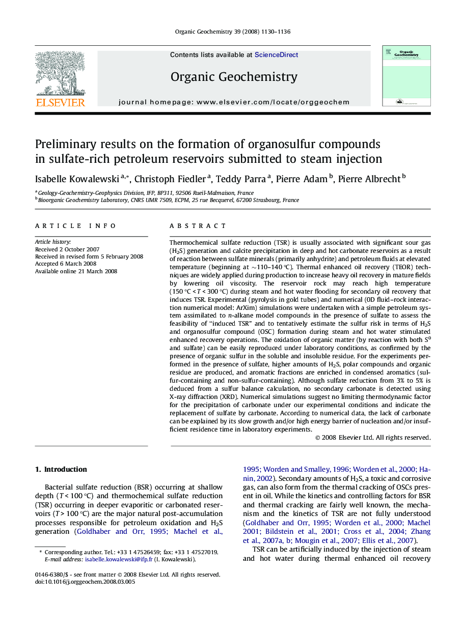 Preliminary results on the formation of organosulfur compounds in sulfate-rich petroleum reservoirs submitted to steam injection