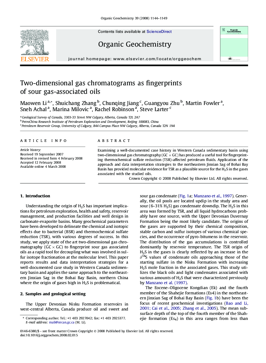 Two-dimensional gas chromatograms as fingerprints of sour gas-associated oils