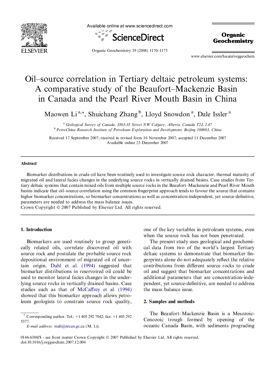 Oil-source correlation in Tertiary deltaic petroleum systems: A comparative study of the Beaufort-Mackenzie Basin in Canada and the Pearl River Mouth Basin in China