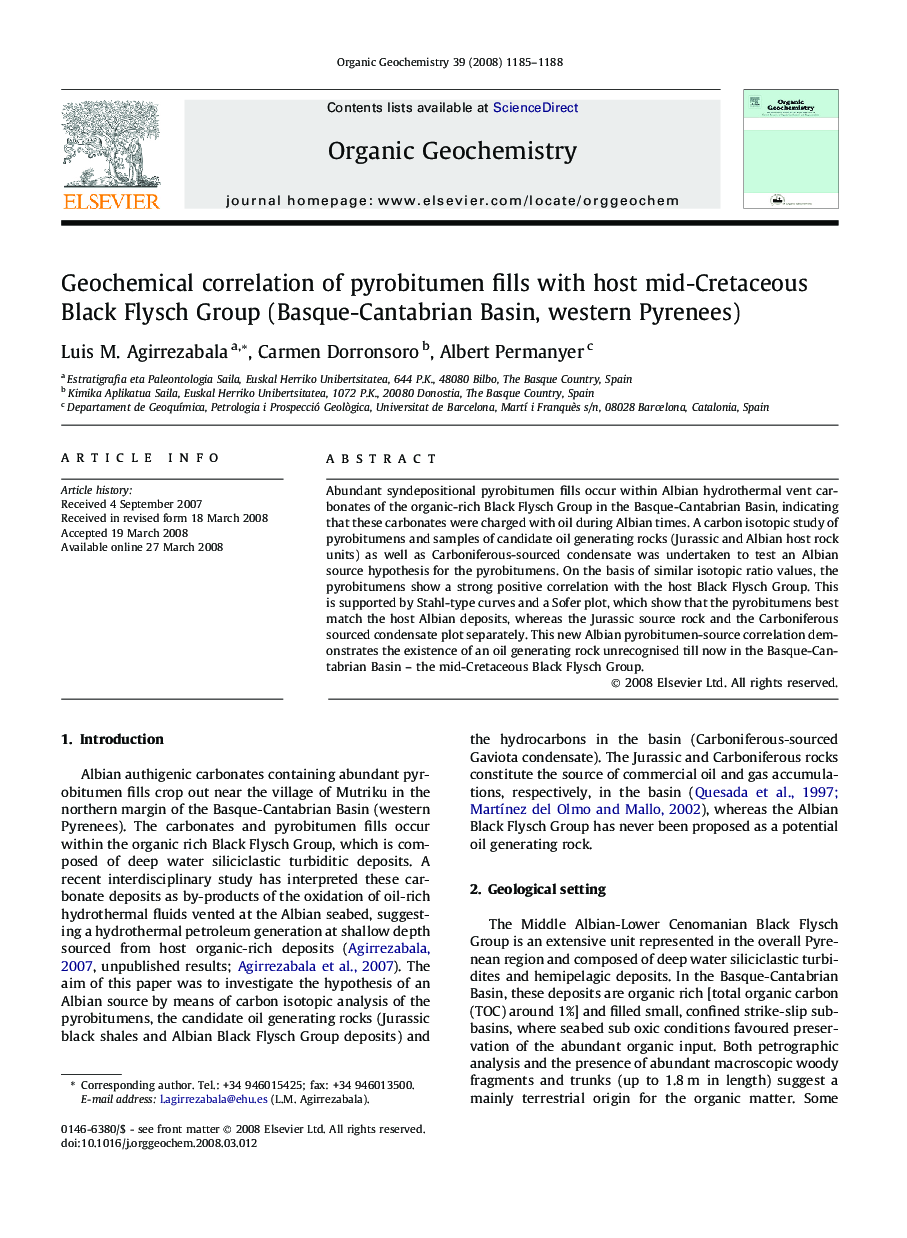 Geochemical correlation of pyrobitumen fills with host mid-Cretaceous Black Flysch Group (Basque-Cantabrian Basin, western Pyrenees)