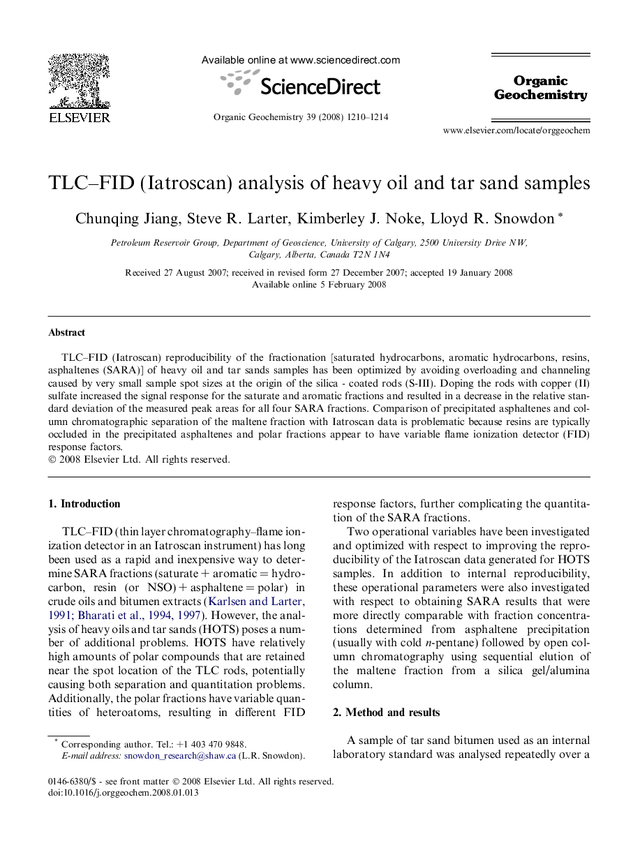 TLC-FID (Iatroscan) analysis of heavy oil and tar sand samples