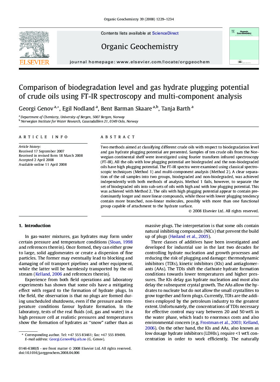 عکس صفحه اول مقاله: Comparison of biodegradation level and gas hydrate plugging potential of crude oils using FT-IR spectroscopy and multi-component analysis Comparison of biodegradation level and gas hydrate plugging potential of crude oils using FT-IR spectroscopy and multi-component analysis