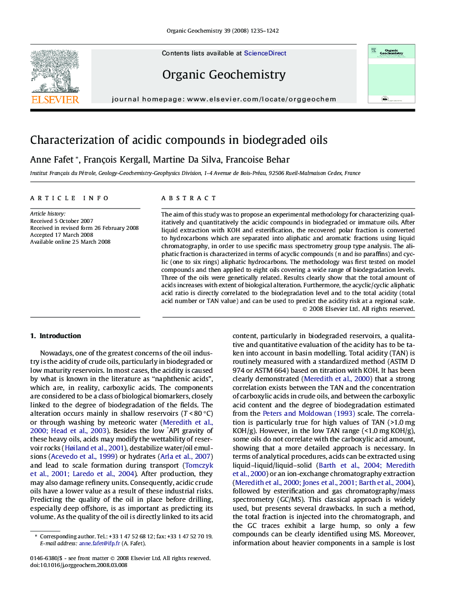 عکس صفحه اول مقاله: Characterization of acidic compounds in biodegraded oils Characterization of acidic compounds in biodegraded oils