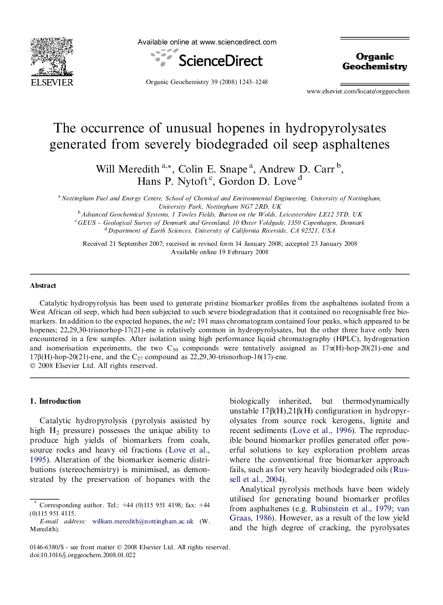 The occurrence of unusual hopenes in hydropyrolysates generated from severely biodegraded oil seep asphaltenes