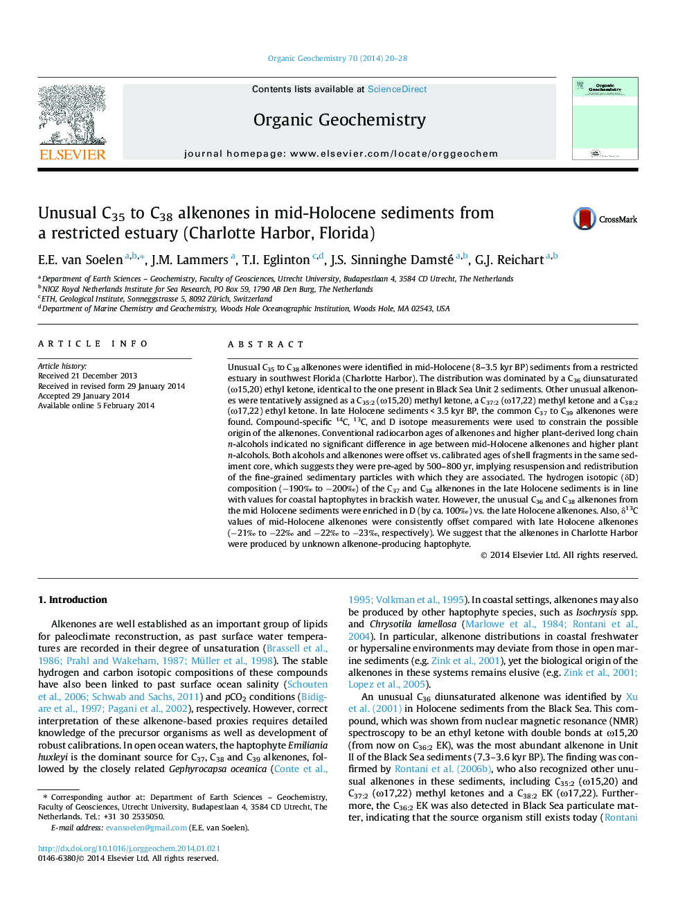 عکس صفحه اول مقاله: Unusual C35 to C38 alkenones in mid-Holocene sediments from a restricted estuary (Charlotte Harbor, Florida) Unusual C35 to C38 alkenones in mid-Holocene sediments from a restricted estuary (Charlotte Harbor, Florida)