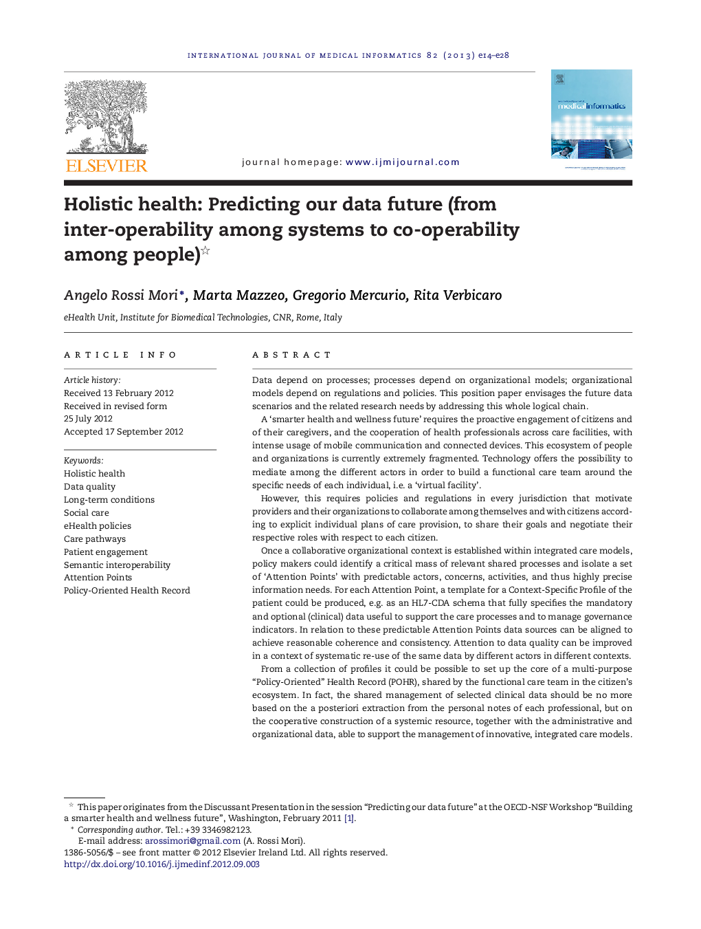 Holistic health: Predicting our data future (from inter-operability among systems to co-operability among people) 