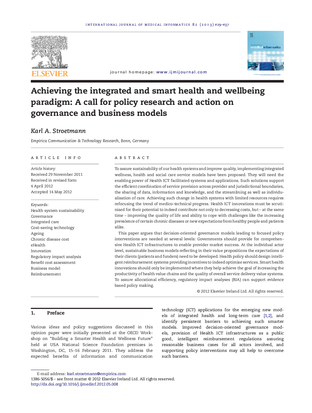 Achieving the integrated and smart health and wellbeing paradigm: A call for policy research and action on governance and business models