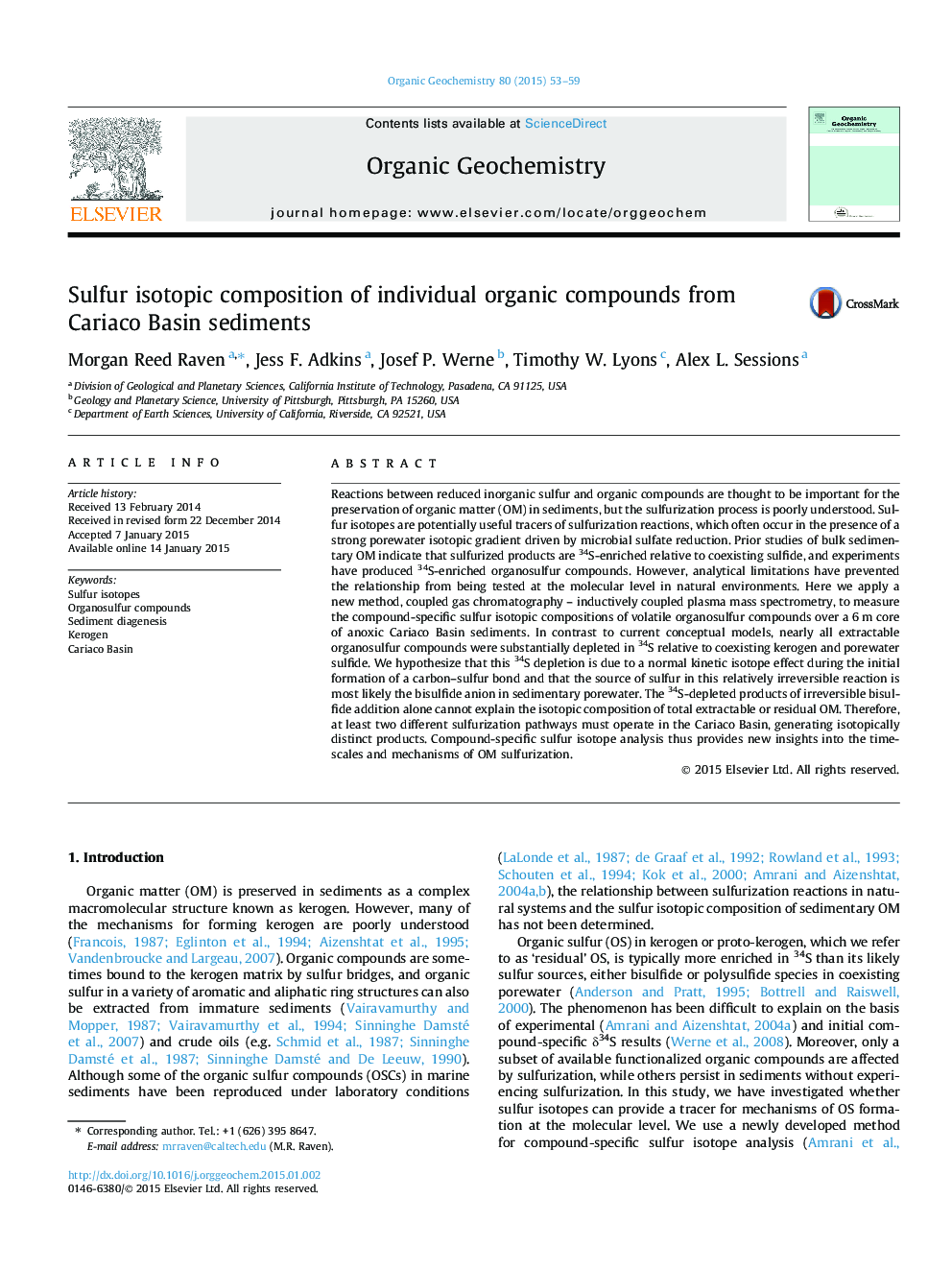 Sulfur isotopic composition of individual organic compounds from Cariaco Basin sediments