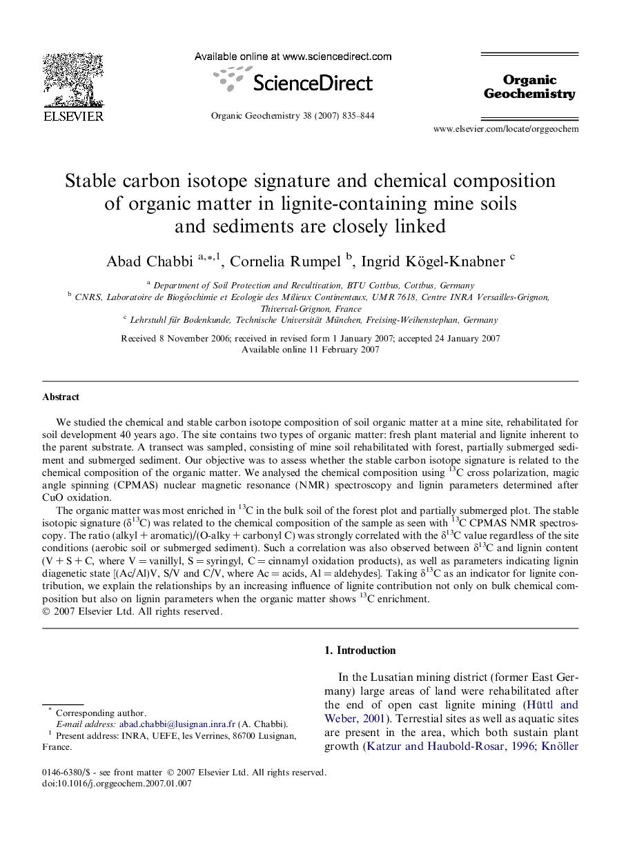 Stable carbon isotope signature and chemical composition of organic matter in lignite-containing mine soils and sediments are closely linked