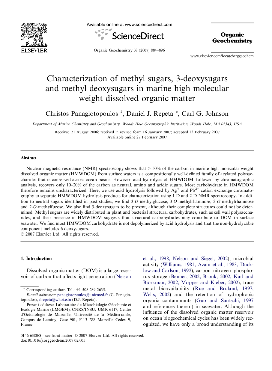 Characterization of methyl sugars, 3-deoxysugars and methyl deoxysugars in marine high molecular weight dissolved organic matter