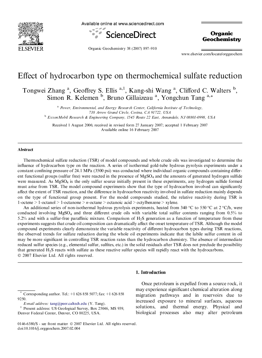 Effect of hydrocarbon type on thermochemical sulfate reduction