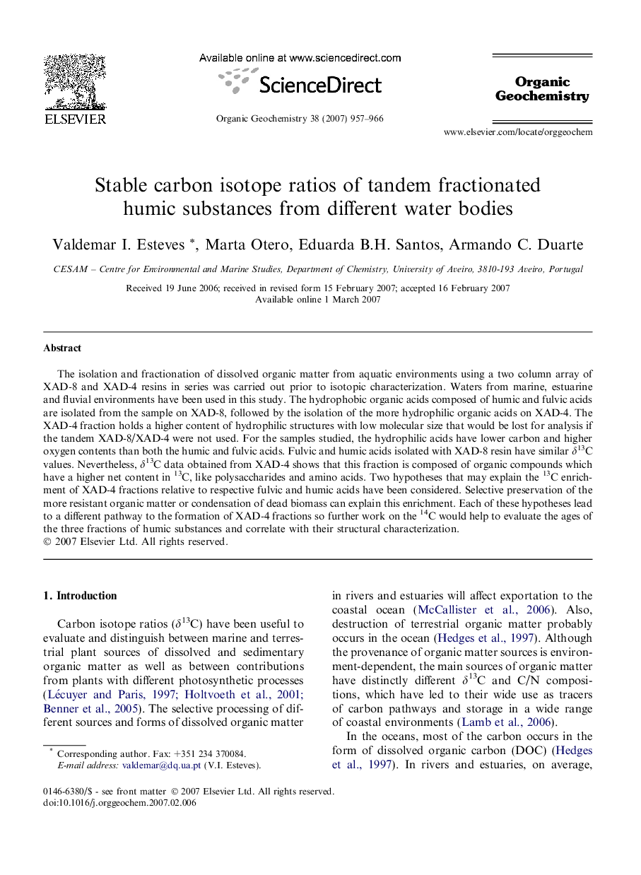 عکس صفحه اول مقاله: Stable carbon isotope ratios of tandem fractionated humic substances from different water bodies Stable carbon isotope ratios of tandem fractionated humic substances from different water bodies
