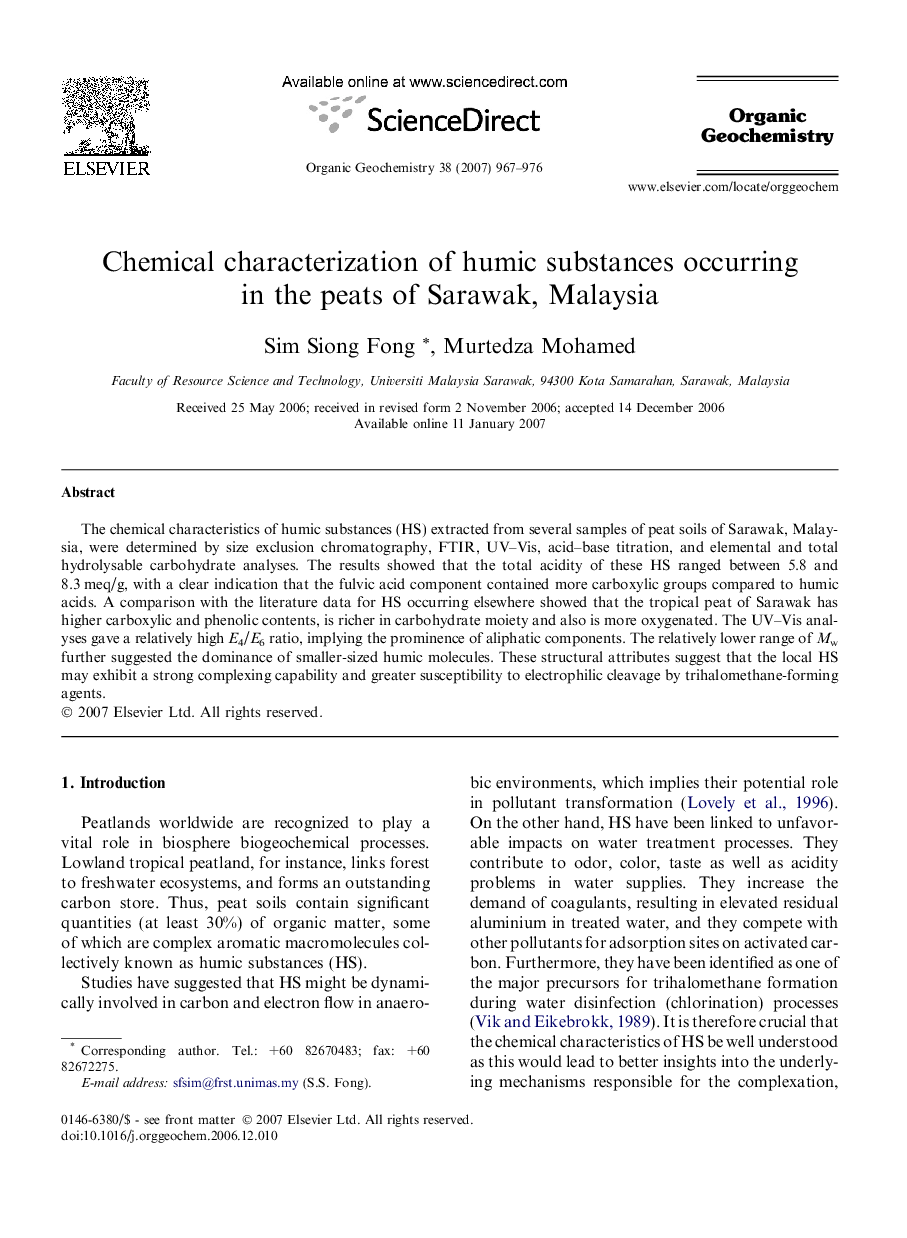 عکس صفحه اول مقاله: Chemical characterization of humic substances occurring in the peats of Sarawak, Malaysia Chemical characterization of humic substances occurring in the peats of Sarawak, Malaysia