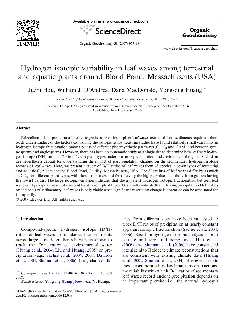 Hydrogen isotopic variability in leaf waxes among terrestrial and aquatic plants around Blood Pond, Massachusetts (USA)