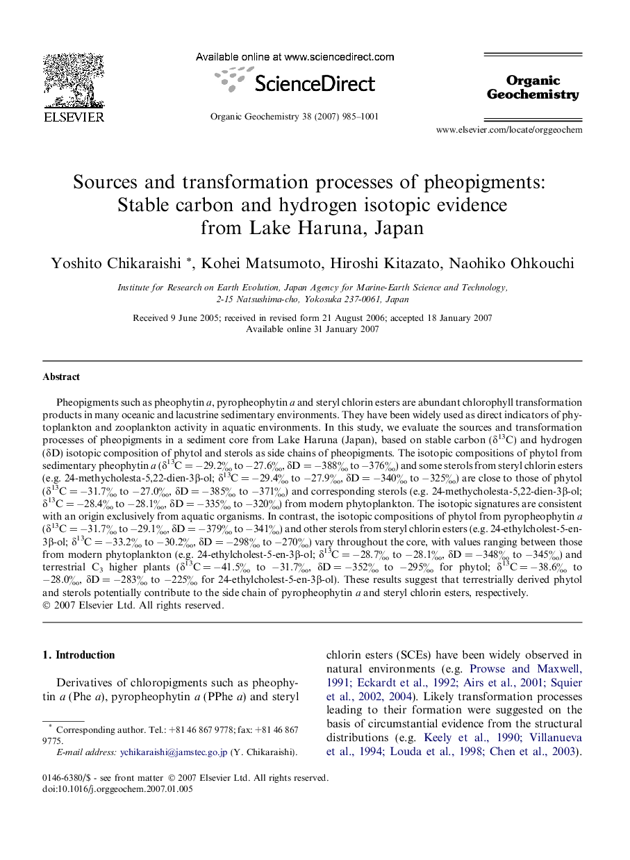 Sources and transformation processes of pheopigments: Stable carbon and hydrogen isotopic evidence from Lake Haruna, Japan