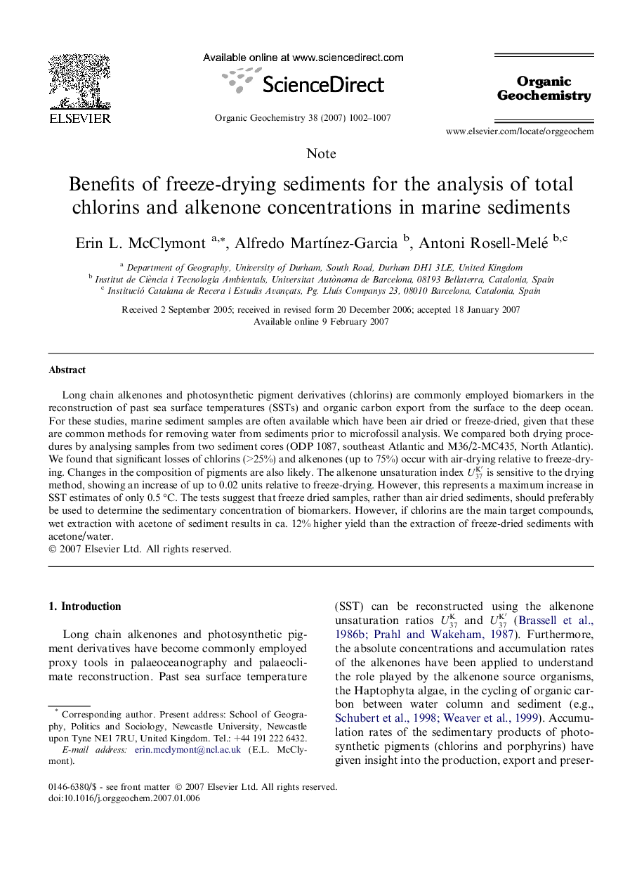Benefits of freeze-drying sediments for the analysis of total chlorins and alkenone concentrations in marine sediments