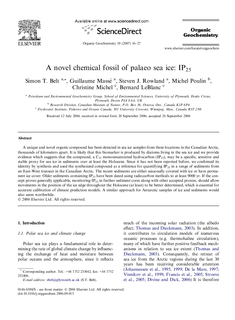A novel chemical fossil of palaeo sea ice: IP25