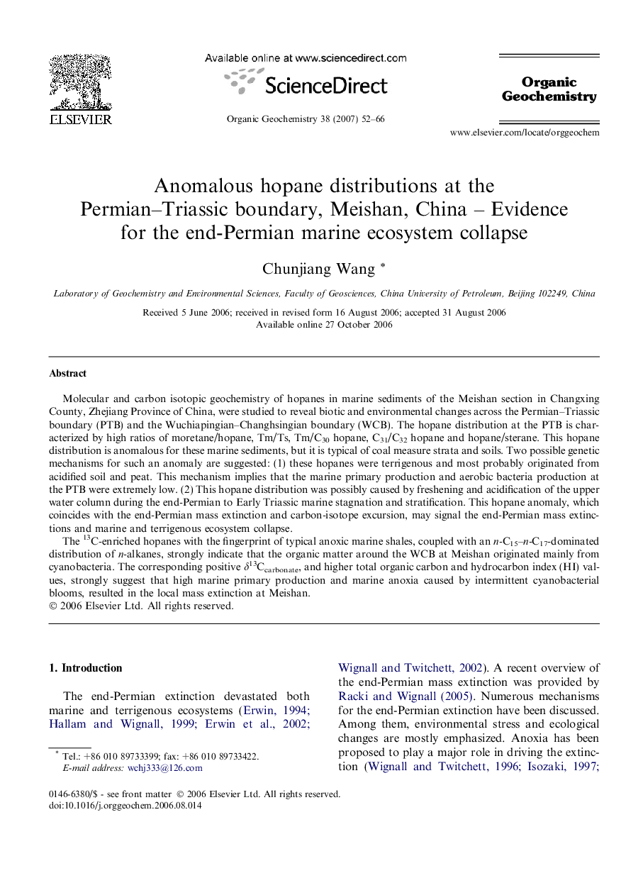 Anomalous hopane distributions at the Permian-Triassic boundary, Meishan, China - Evidence for the end-Permian marine ecosystem collapse