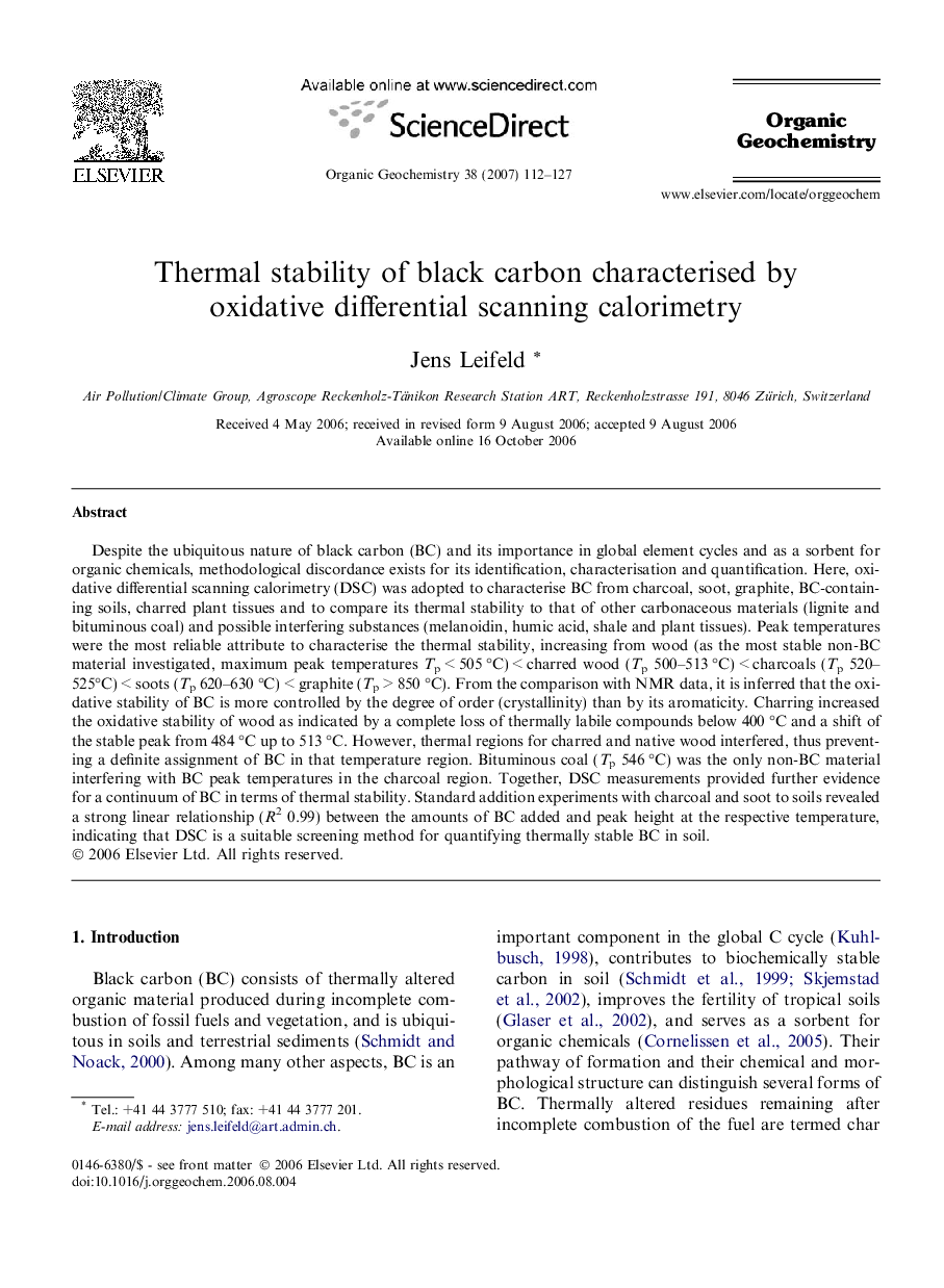 Thermal stability of black carbon characterised by oxidative differential scanning calorimetry