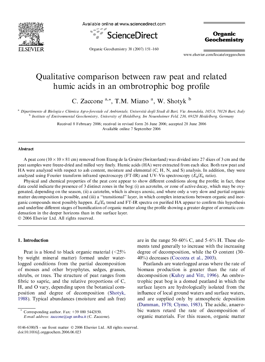 Qualitative comparison between raw peat and related humic acids in an ombrotrophic bog profile