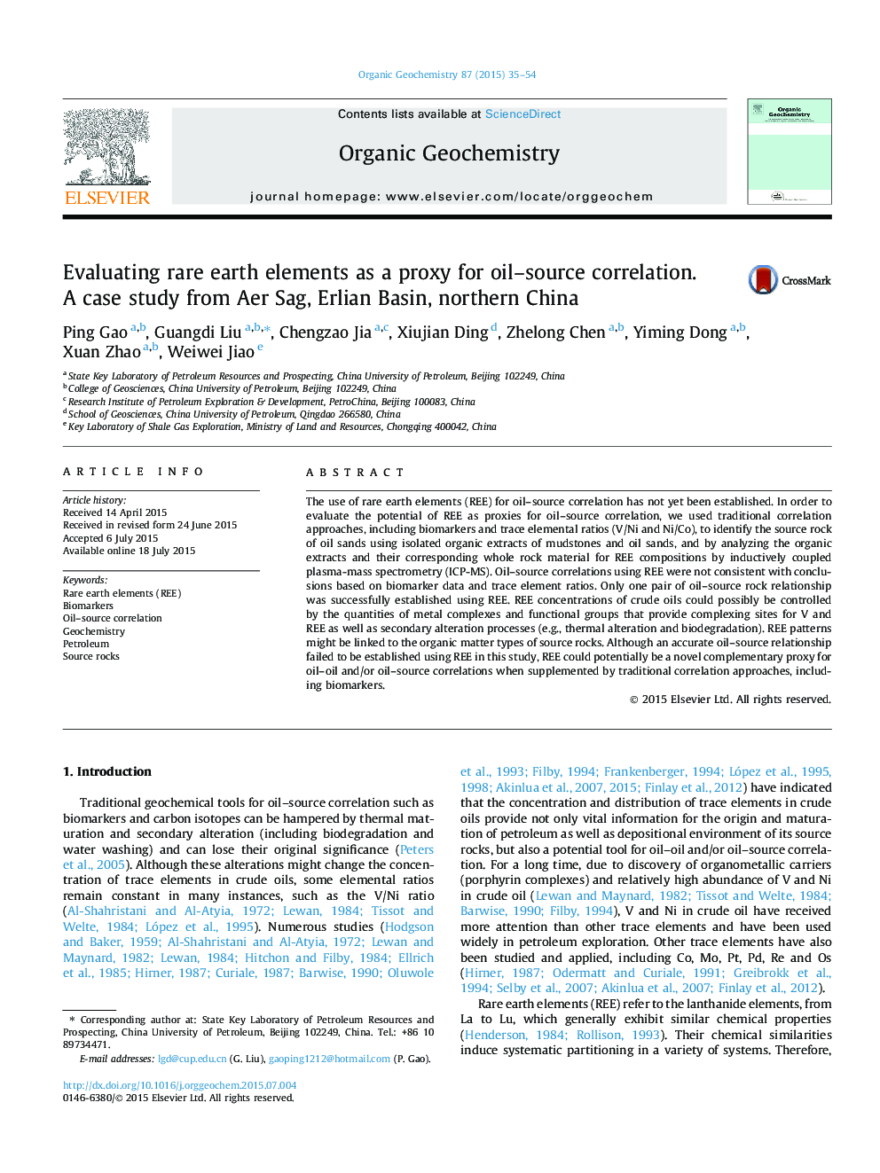 Evaluating rare earth elements as a proxy for oil-source correlation. A case study from Aer Sag, Erlian Basin, northern China