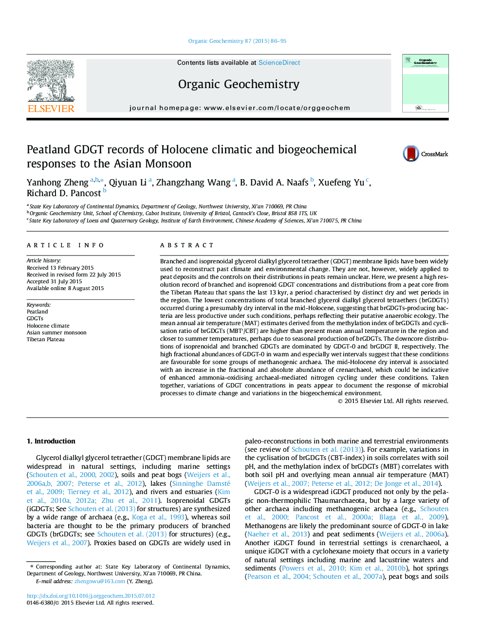 Peatland GDGT records of Holocene climatic and biogeochemical responses to the Asian Monsoon