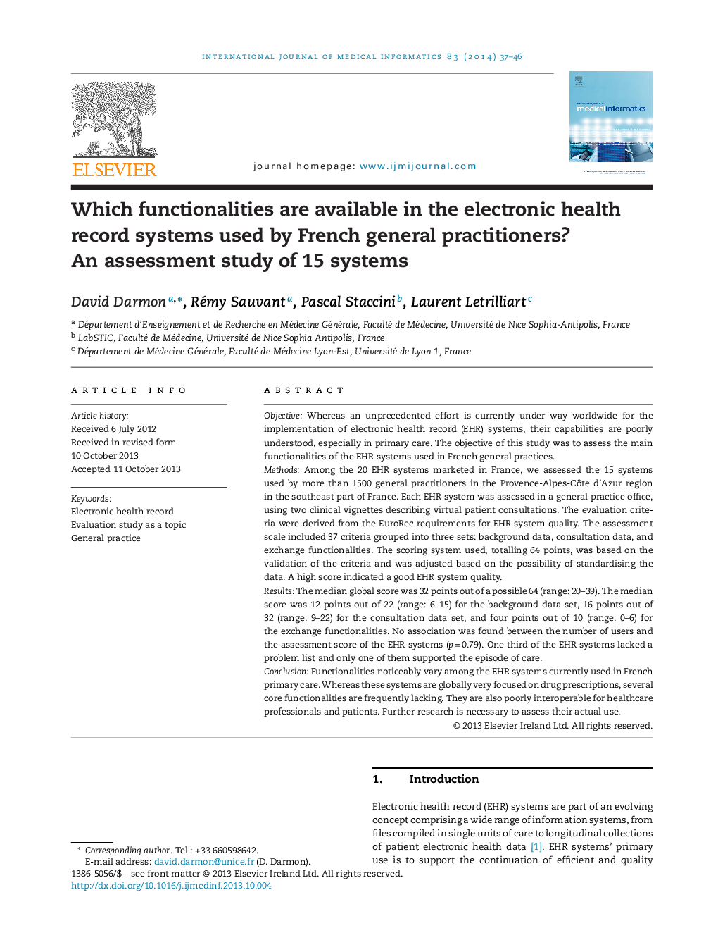 Which functionalities are available in the electronic health record systems used by French general practitioners? An assessment study of 15 systems