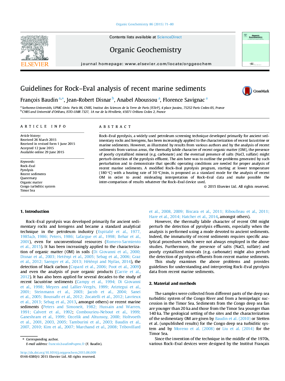 Guidelines for Rock-Eval analysis of recent marine sediments