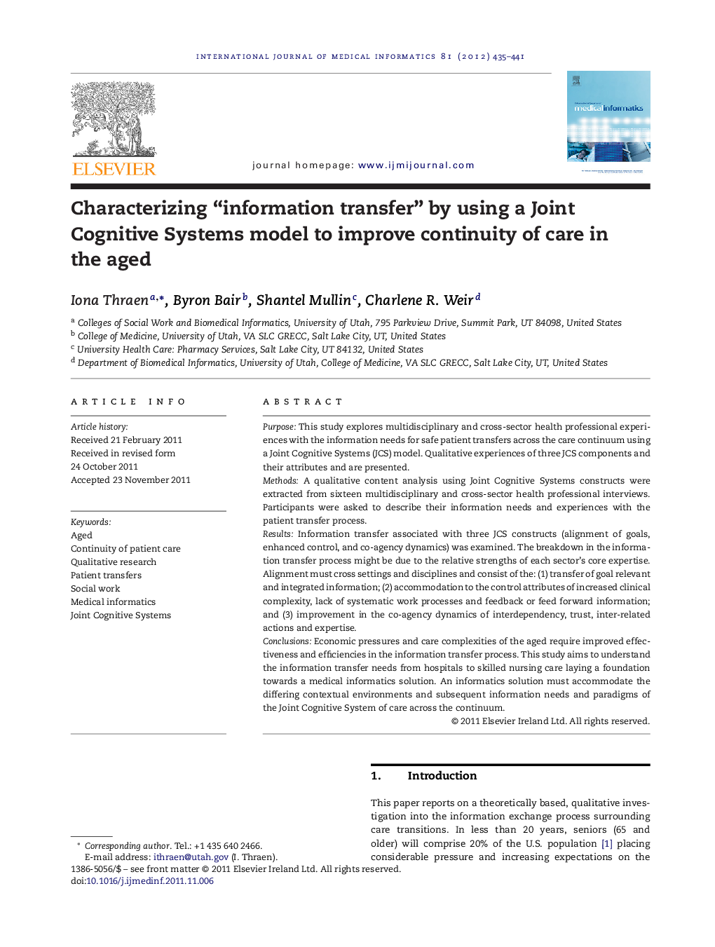 Characterizing “information transfer” by using a Joint Cognitive Systems model to improve continuity of care in the aged