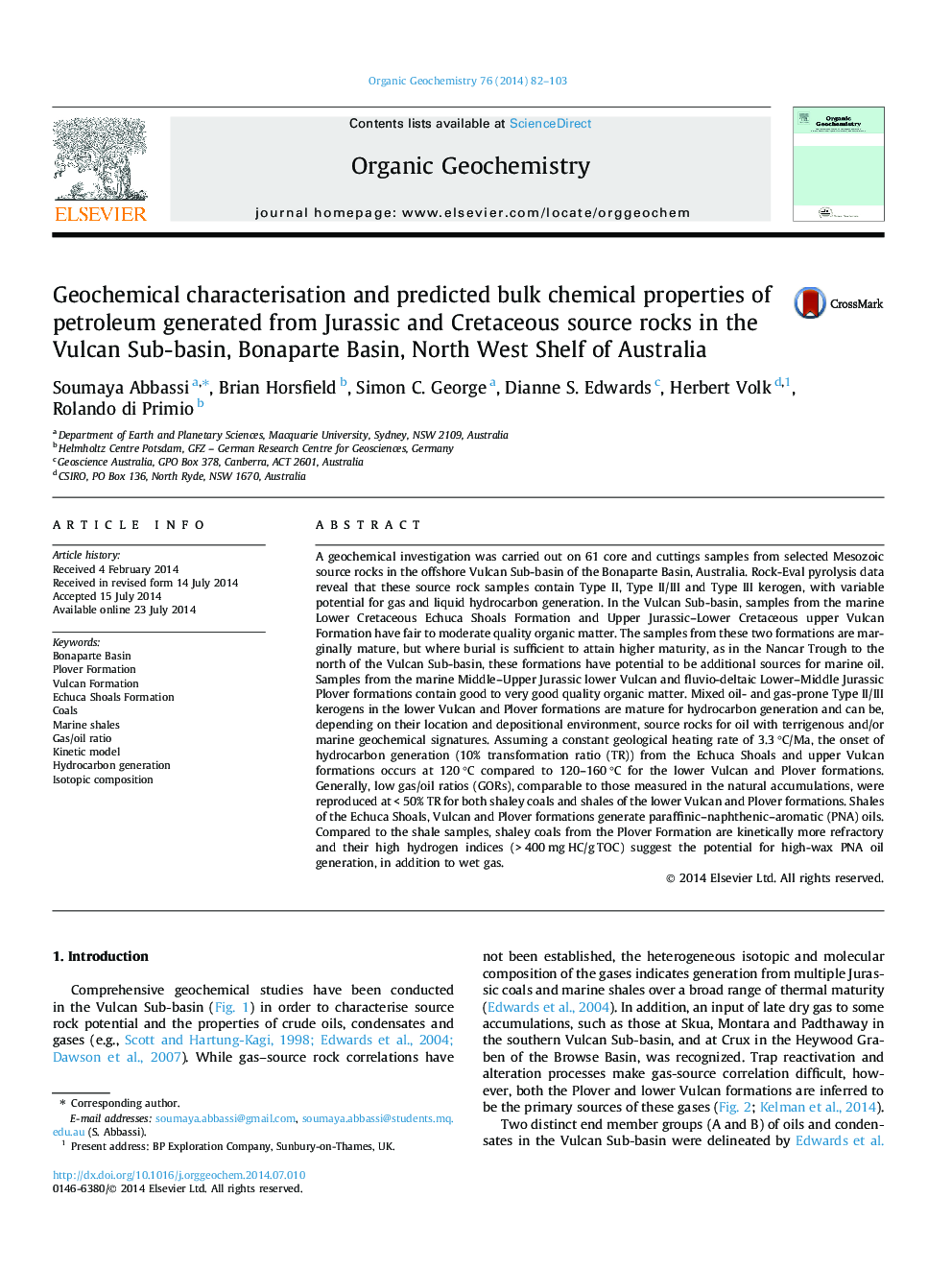 Geochemical characterisation and predicted bulk chemical properties of petroleum generated from Jurassic and Cretaceous source rocks in the Vulcan Sub-basin, Bonaparte Basin, North West Shelf of Australia