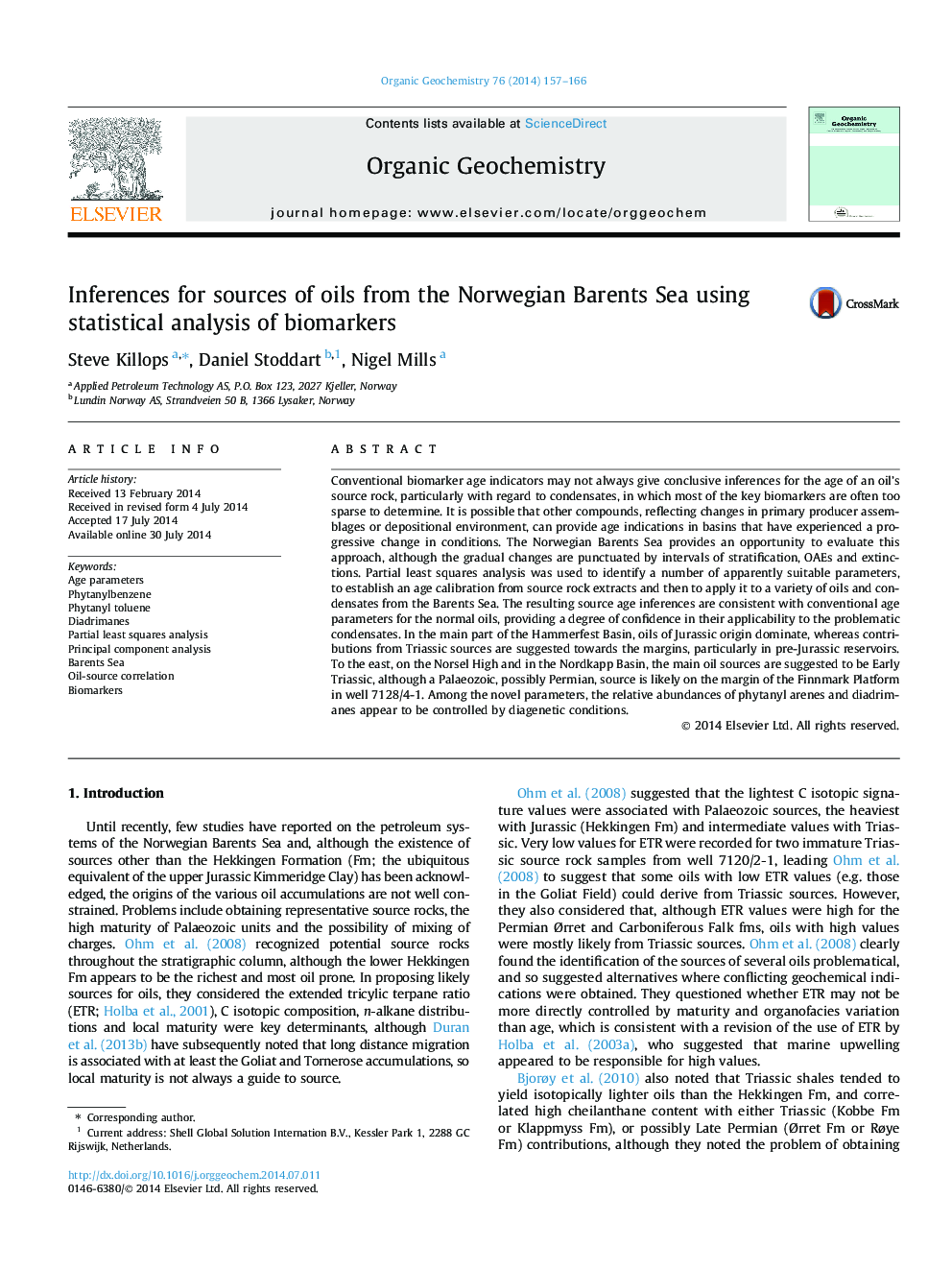 Inferences for sources of oils from the Norwegian Barents Sea using statistical analysis of biomarkers