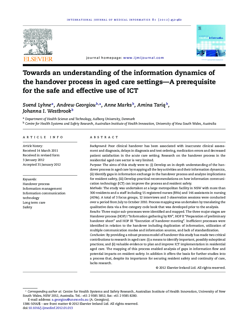 Towards an understanding of the information dynamics of the handover process in aged care settings—A prerequisite for the safe and effective use of ICT