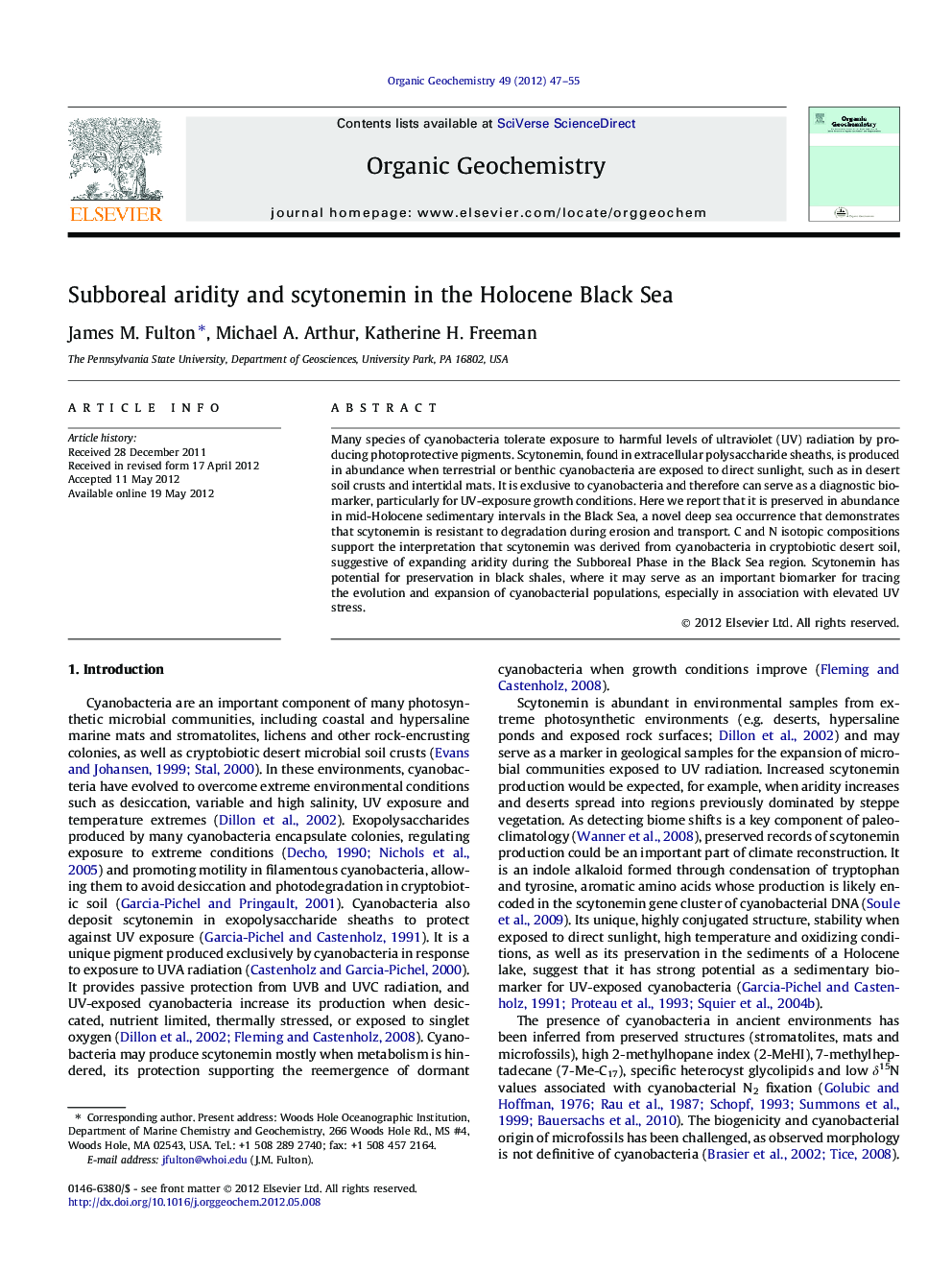 Subboreal aridity and scytonemin in the Holocene Black Sea