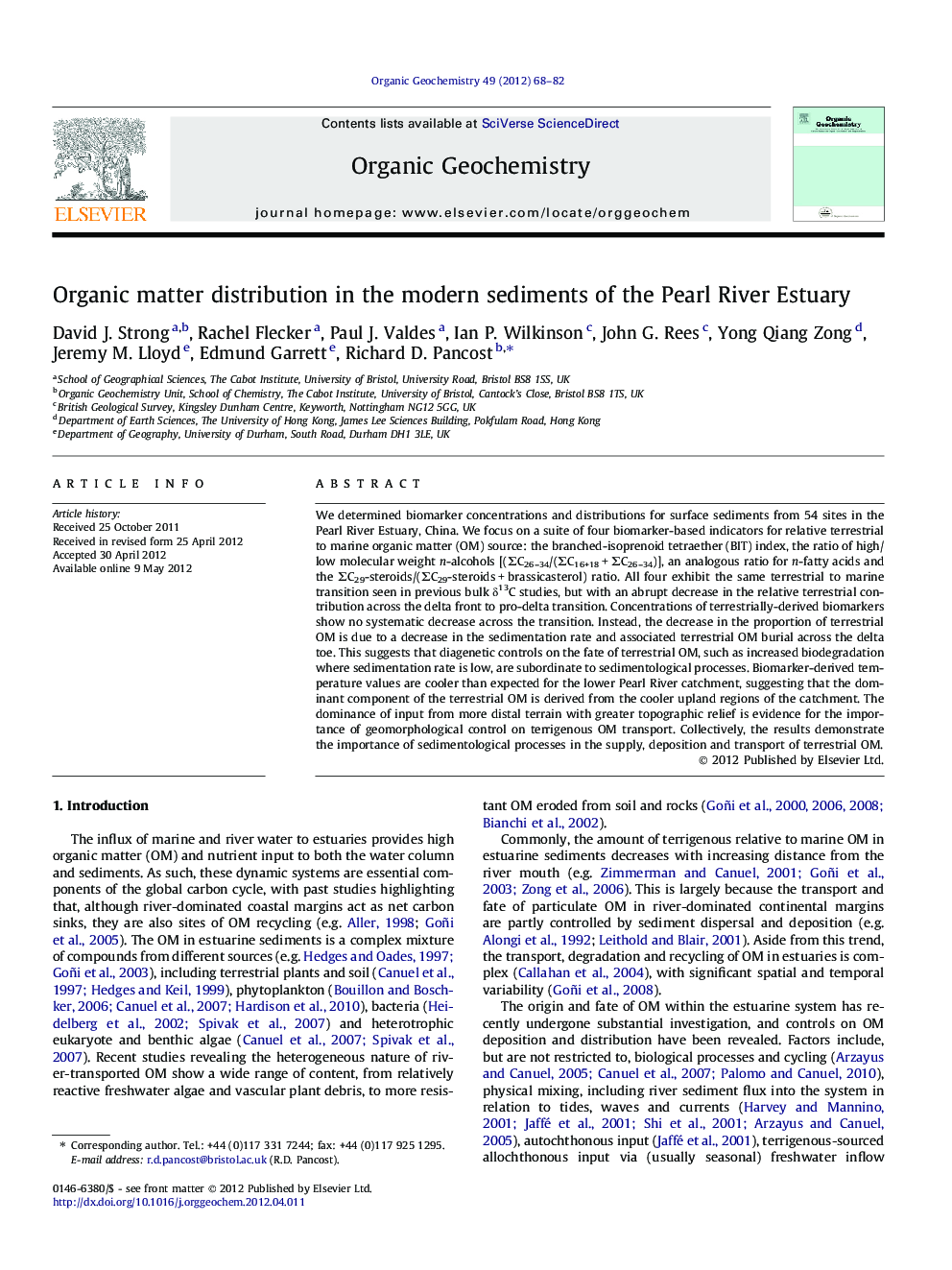 Organic matter distribution in the modern sediments of the Pearl River Estuary