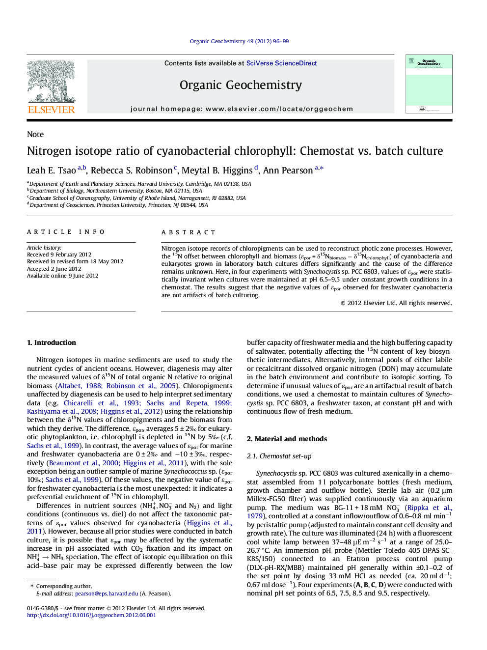 Nitrogen isotope ratio of cyanobacterial chlorophyll: Chemostat vs. batch culture