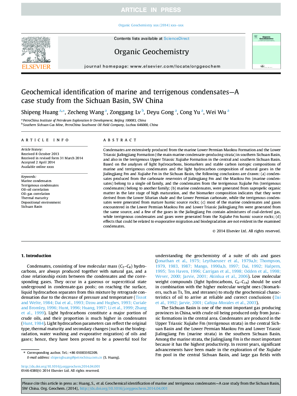 Geochemical identification of marine and terrigenous condensates-A case study from the Sichuan Basin, SW China