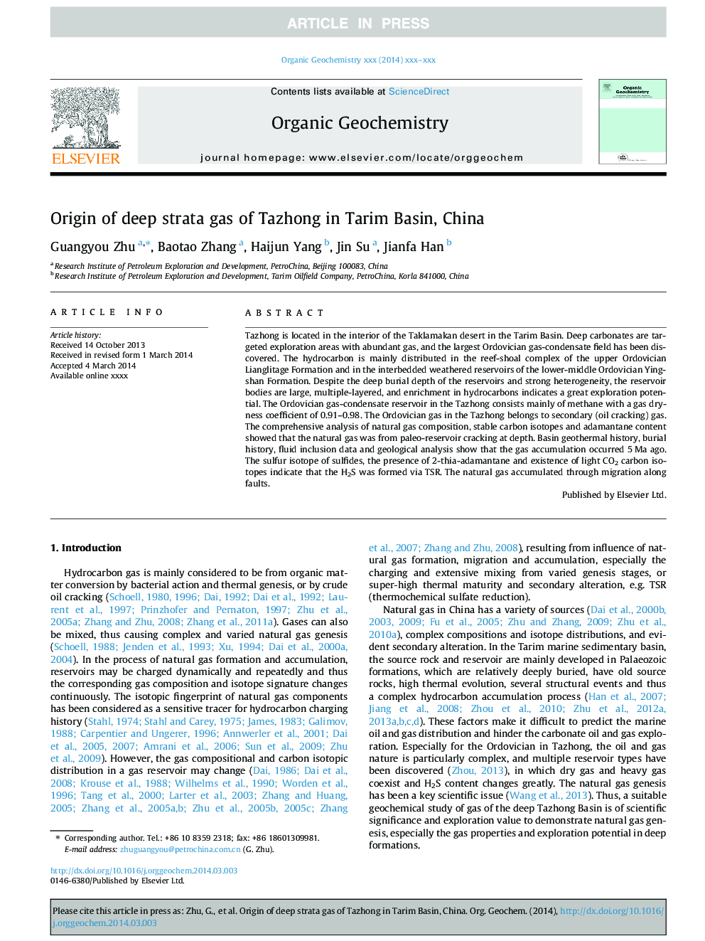 Origin of deep strata gas of Tazhong in Tarim Basin, China
