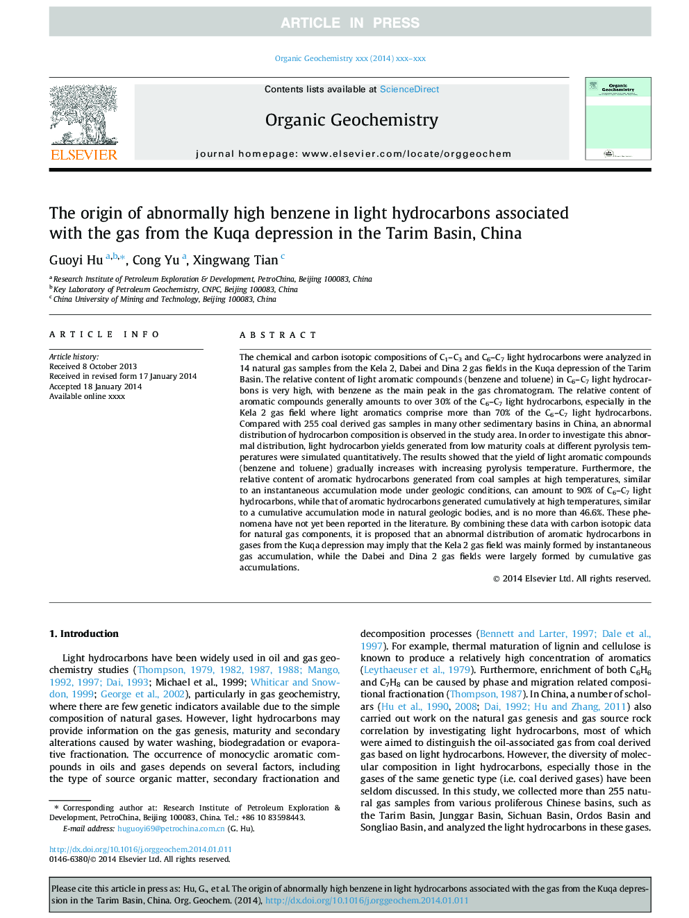 The origin of abnormally high benzene in light hydrocarbons associated with the gas from the Kuqa depression in the Tarim Basin, China