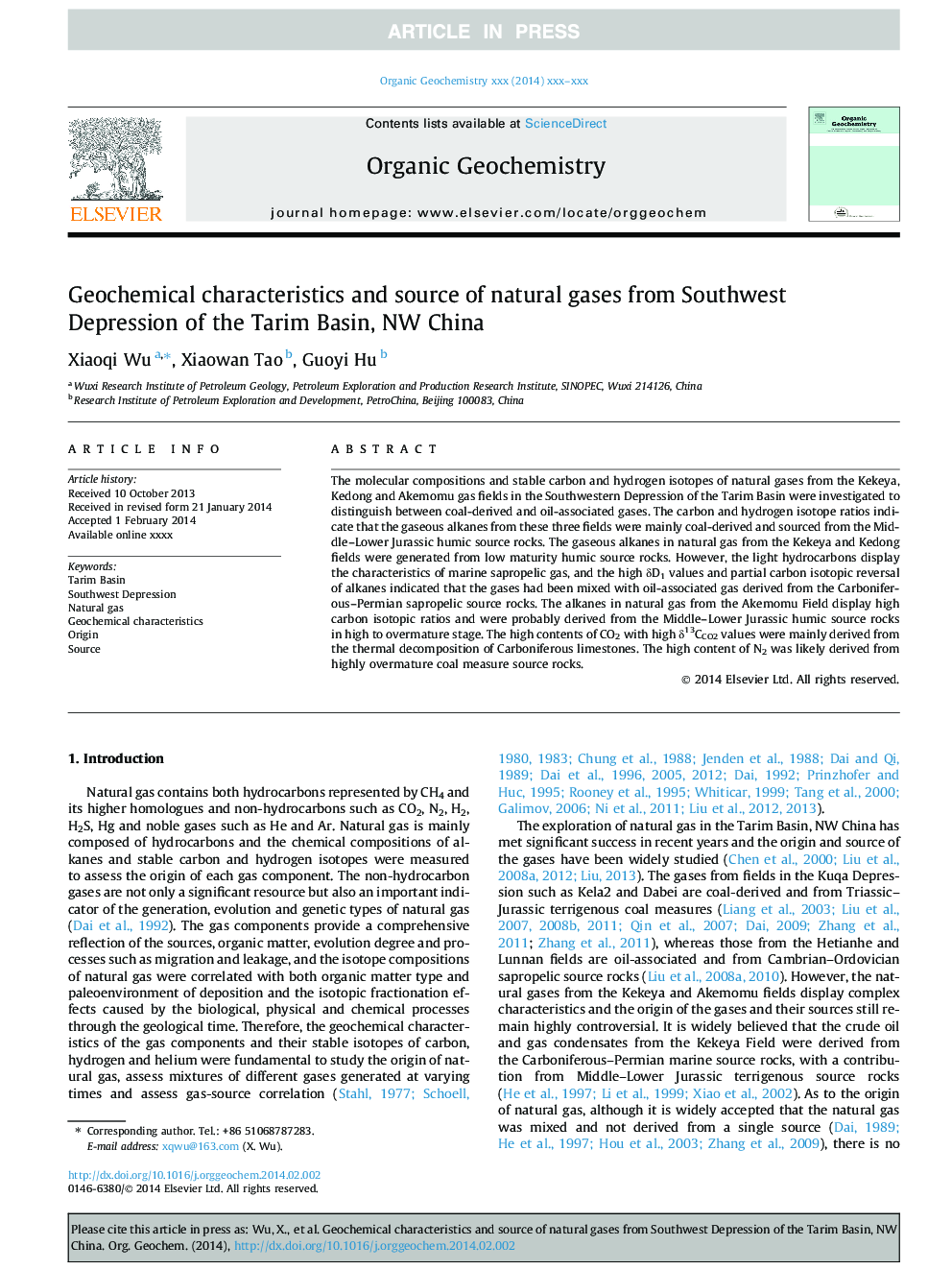 Geochemical characteristics and source of natural gases from Southwest Depression of the Tarim Basin, NW China