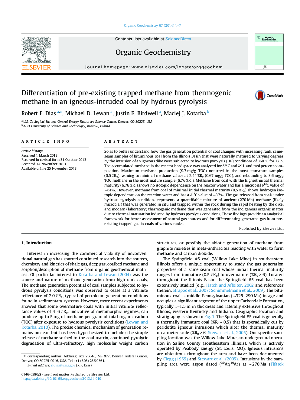 Differentiation of pre-existing trapped methane from thermogenic methane in an igneous-intruded coal by hydrous pyrolysis