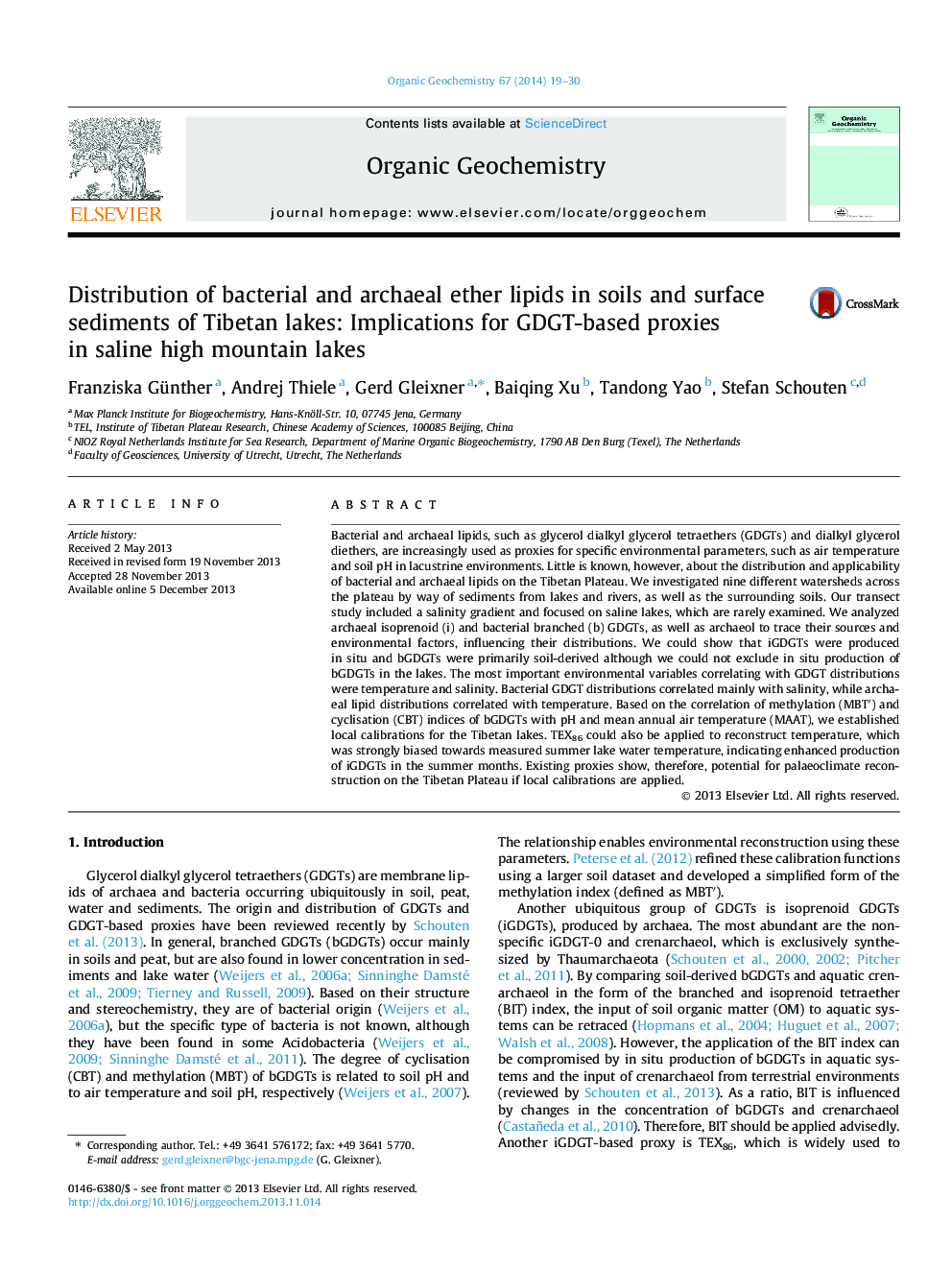 Distribution of bacterial and archaeal ether lipids in soils and surface sediments of Tibetan lakes: Implications for GDGT-based proxies in saline high mountain lakes