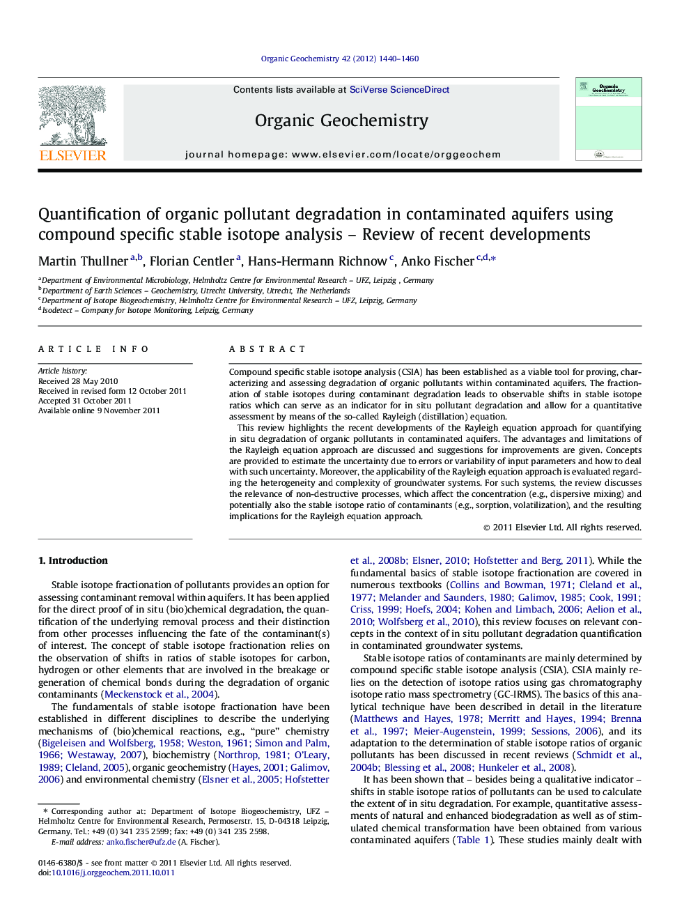 Quantification of organic pollutant degradation in contaminated aquifers using compound specific stable isotope analysis - Review of recent developments