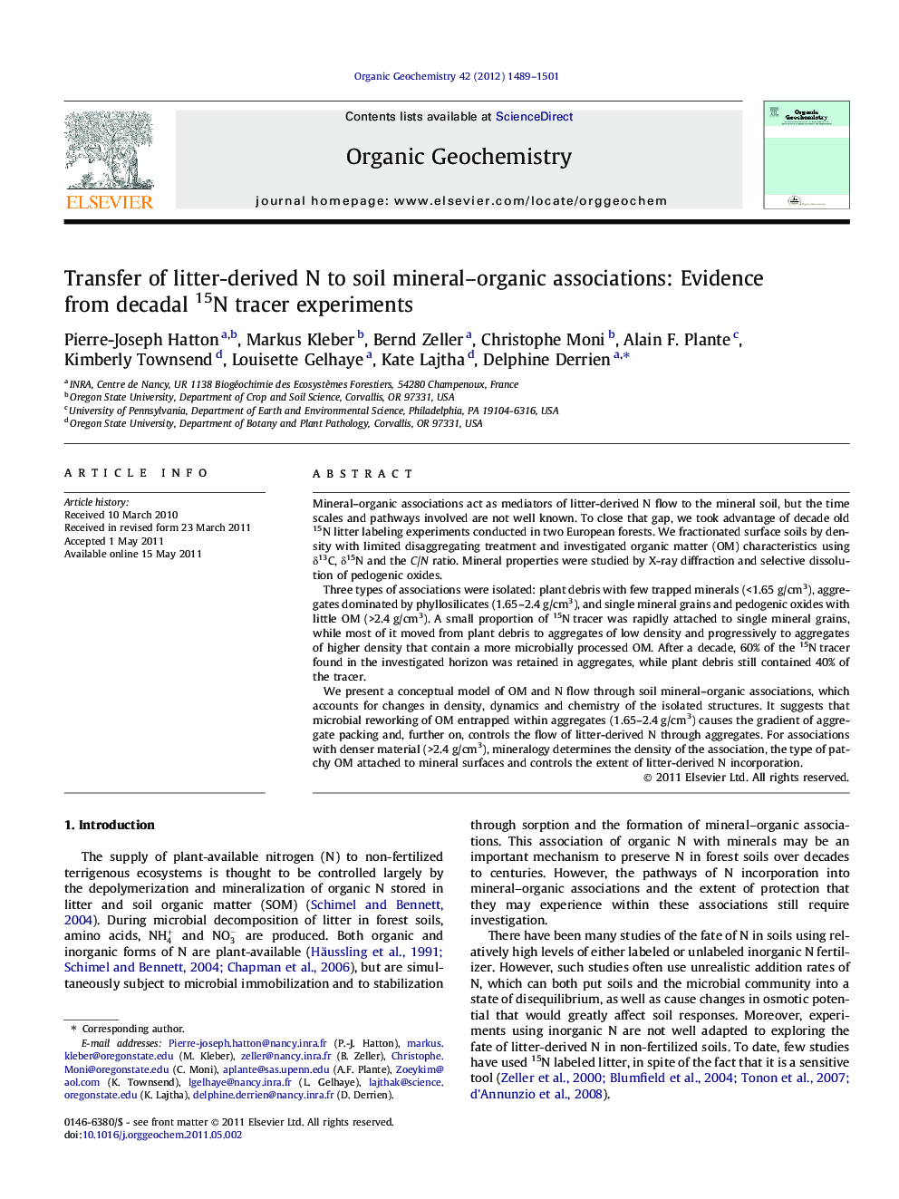 Transfer of litter-derived N to soil mineral-organic associations: Evidence from decadal 15N tracer experiments