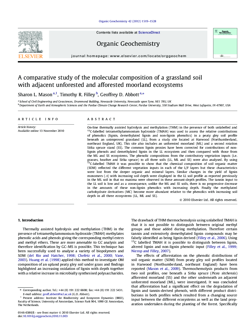A comparative study of the molecular composition of a grassland soil with adjacent unforested and afforested moorland ecosystems