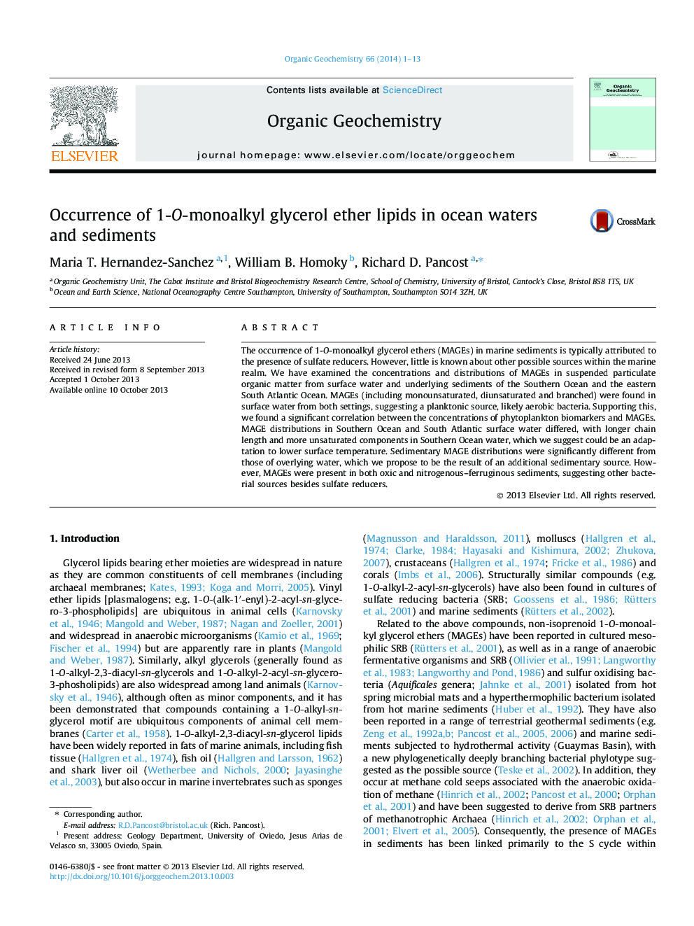 Occurrence of 1-O-monoalkyl glycerol ether lipids in ocean waters and sediments