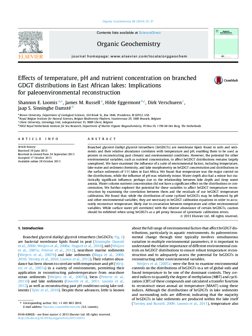 Effects of temperature, pH and nutrient concentration on branched GDGT distributions in East African lakes: Implications for paleoenvironmental reconstruction