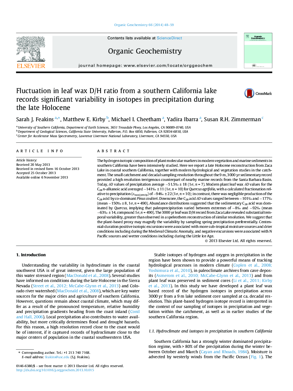 Fluctuation in leaf wax D/H ratio from a southern California lake records significant variability in isotopes in precipitation during the late Holocene