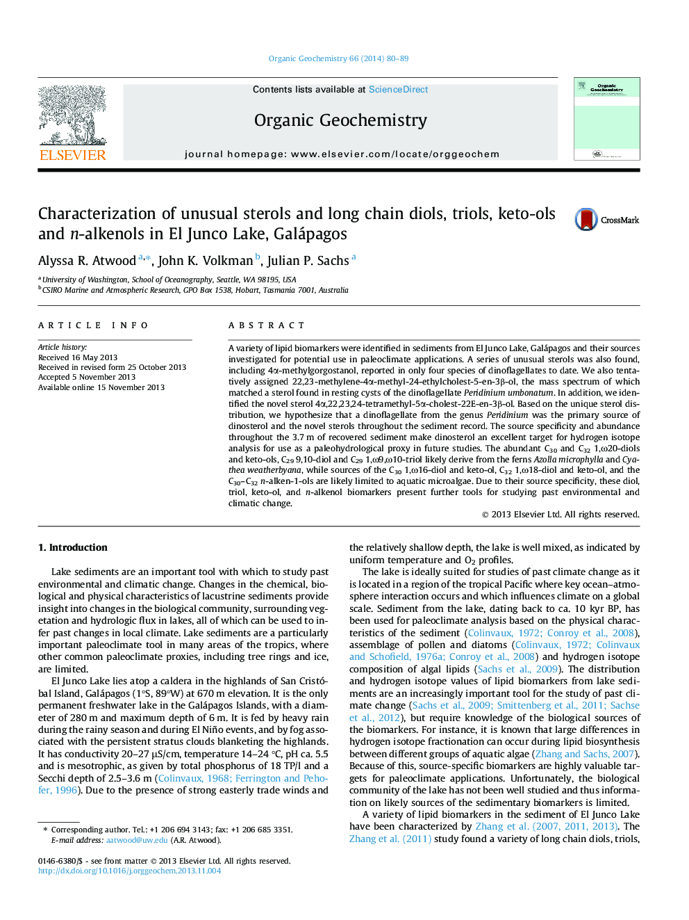 Characterization of unusual sterols and long chain diols, triols, keto-ols and n-alkenols in El Junco Lake, Galápagos